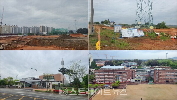 '익산 부송 아이파크' 건설현장 북동쪽에는 154Kv 송전탑(위 사진)이 있는데 부송4지구 중앙에 자리한 송전탑 1기만 철거, 지중선 공사가 들어갈 예정이다. 이 단지 북동방향 800m에 위치한 폐기물처리시설인 익산시 신재생자원센터(아래 사진 왼쪽)는 흐린날 악취와 일부 매연 발생으로 부송지구 대표적인 님비시설이다. 아래 오른쪽 사진은 '부송 아이파크' 입주자 자녀가 다닐 궁동초등학교다.