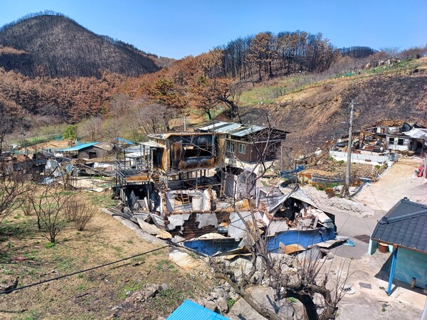 용케 화마를 피한 주택 2~3채를 빼고 전소한 영덕군 석리마을. 김태현 기자