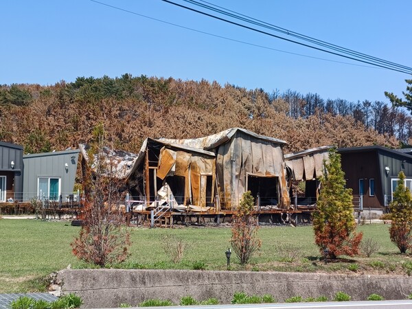 펜션 전체 7개 동 중 유일하게 타 들어간 2개 동. 산불로 날아다니는 화염과 불똥이 얼마나 무서운지 보여준다. 김태현 기자