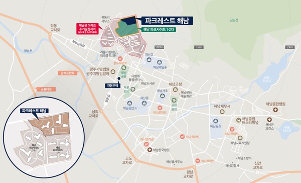 일레븐건설이 전라남도 해남군 해남읍 구교리 49번지 일원에 공급하는 '파크레스트 해남'의 입지 및 일레븐건설의 브랜드 타운 현황. 이 단지 84㎡형의 분양가는 자사 시공 '해남 파크사이드1차(2015년 8월)'의 올해 2월 실거래가보다 7880만원 고가다. 일레븐건설 제공