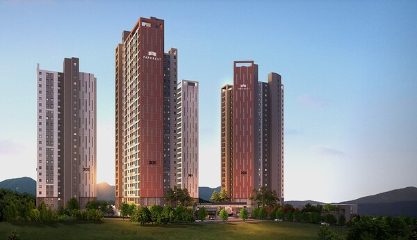 일레븐건설이 전라남도 해남군 해남읍 구교리 49번지 일원에 공급하는 '파크레스트 해남'의 조감도. 이 단지 84㎡형의 분양가는 자사 시공 '해남 파크사이드1차(2015년 8월)'의 올해 2월 실거래가보다 7880만원 고가다. 일레븐건설 제공