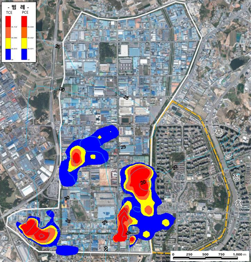 하남산단 지하수 1급 발암물질 오염 분포도.하남산단 오염 조사 용역 최종 보고서 발췌/광주시의회