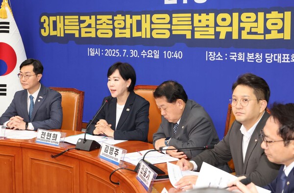 더불어민주당은 30일 서울 여의도 국회에서 '3대특검 종합대응특별위원회'를 출범했다. 전현희 총괄위원장이 발언하고 있다.