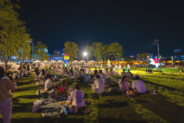 진주대첩 역사공원에서 열린 ‘2025 대한민국 밤밤페스타 in 진주’에서 시민과 관광객들이 잔디밭에 앉아 공연과 야경을 즐기고 있다. 진주시 제공