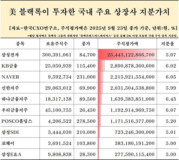 블랙록이 투자한 국내 주요 상장사 지분평가액. 한국CXO연구소 제공