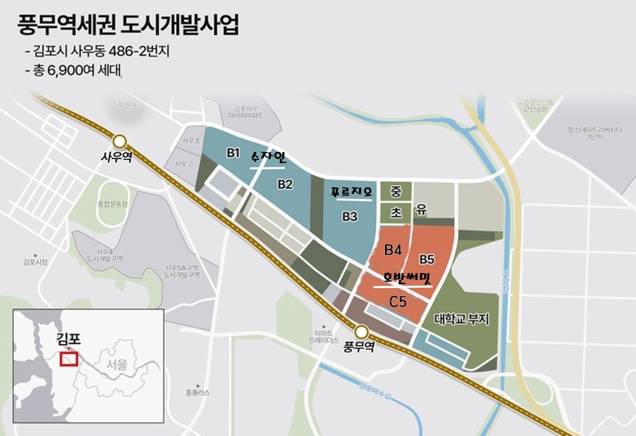 경기도 김포시에서 청약 열기가 고조 중인 '풍무역세권 도시개발사업지구'의 블록별 분양(예정) 아파트 단지. (자료 : 김포시청)