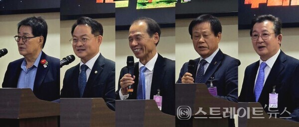 24일 오전 국회의원회관에서 '다시 심는 평화, 우리는 원산으로 간다' 정책 토론회가 열렸다. 왼쪽부터 더불어민주당 박지원 의원, 허영 의원, 최문순 전 강원도지사, 김형진 유소년 축구 원산대회 후원회장(세종텔레콤 회장), 김헌정 글로벌평창포럼 대표(변호사). 설인호 기자.