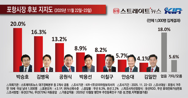 지지 의향을 묻는 조사에서도 박승호 전 포항시장 20.0%, 김병욱 전 국회의원 16.3%, 공원식 전 경북도 정무부지사 13.2%로 나타났다. (사진=코리아정보리서치)